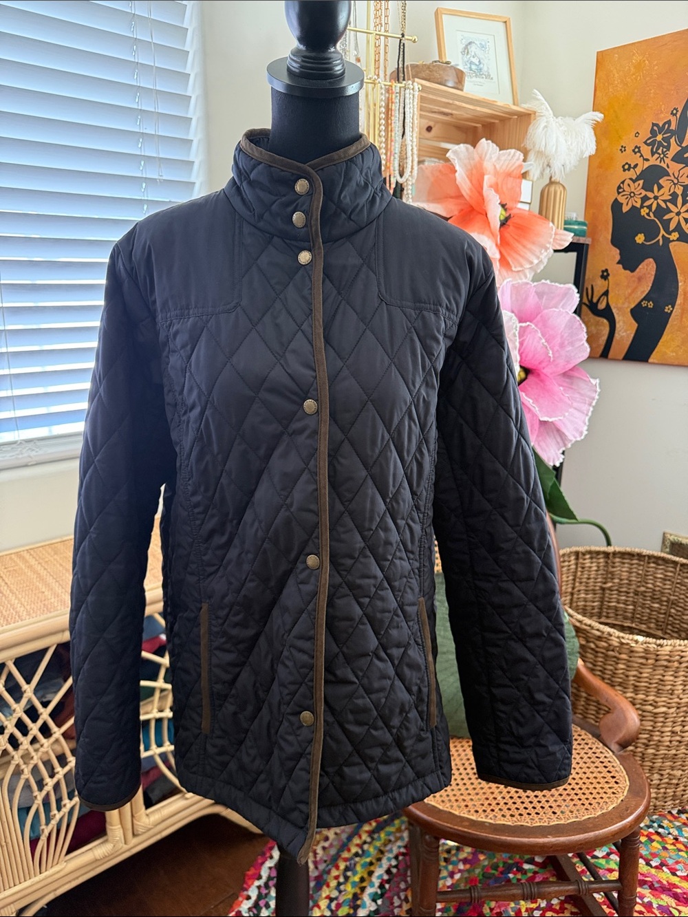 Lands' End Black Brown Diamond Quilted Equestrian English Country Barn Jacket